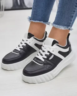 Clearance Eko-skórzane damskie czarne casualowe buty sportowe z białymi wstawkami Netiris Damskie Sneakersy