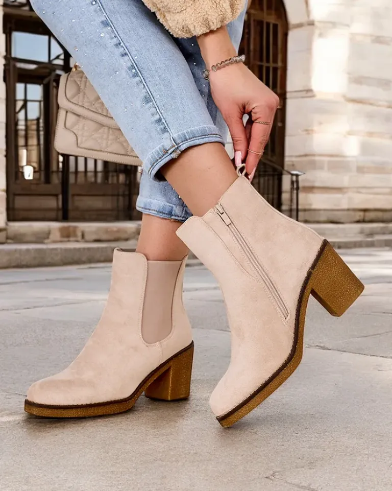 New Eko-zamszowe damskie botki na słupku Bregianka Botki Z Delikatnym Ociepleniem|Botki Na Słupku