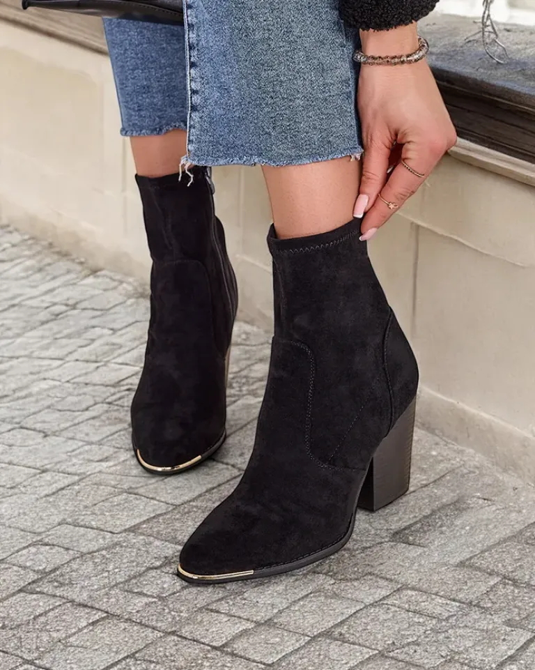 Discount Eko-zamszowe damskie botki na słupku Gris Botki Bez Ocieplenia|Botki Na Słupku