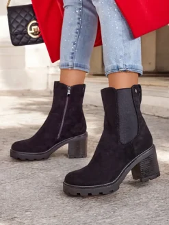 Outlet Eko-zamszowe damskie botki na słupku Weggis Botki Z Delikatnym Ociepleniem|Botki Na Słupku