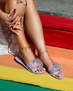 Clearance Fioletowe damskie klapki z kolorowymi kryształkami Bling Breeze Klapki Płaskie