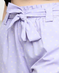 Clearance Fioletowe wzorzyste damskie materiałowe krótkie spodenki w kwiaty Szorty|Krótkie Spodenki