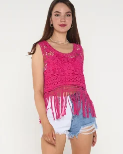 Best Fuksjowa damska koronkowa bluzka crop top z falbankami Bluzki / Koszule / Koszulki