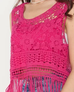 Best Fuksjowa damska koronkowa bluzka crop top z falbankami Bluzki / Koszule / Koszulki