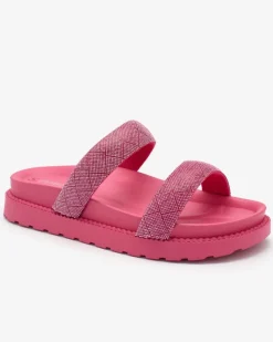 New Fuksjowe damskie klapki z cyrkoniami Sparkle Sliders Klapki Basenowe|Klapki Płaskie