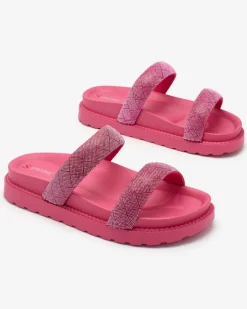 New Fuksjowe damskie klapki z cyrkoniami Sparkle Sliders Klapki Basenowe|Klapki Płaskie