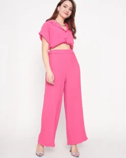 Best Fuksjowe damskie prążkowane szerokie spodnie palazzo Spodnie Materiałowe