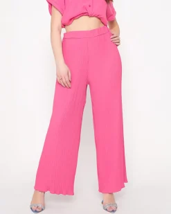 Best Fuksjowe damskie prążkowane szerokie spodnie palazzo Spodnie Materiałowe