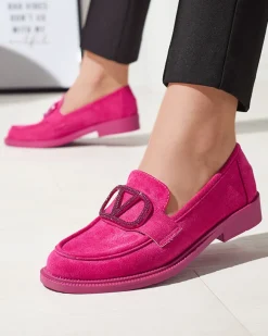 Outlet Fuksjowe mokasyny damskie z ozdobą Fogras Mokasyny Na Płaskiej Podeszwie|Espadryle Płaskie