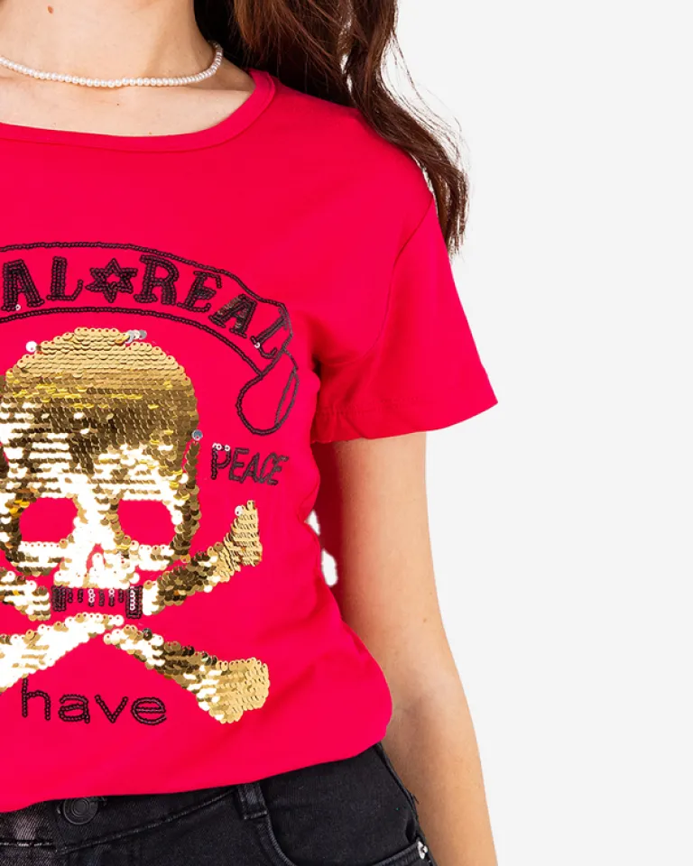 Best damski t-shirt z cekinami i napisami Bluzki / Koszule / Koszulki