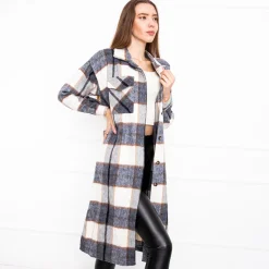 Granatowa długa koszula damska w kratę Bluzki / Koszule / Koszulki