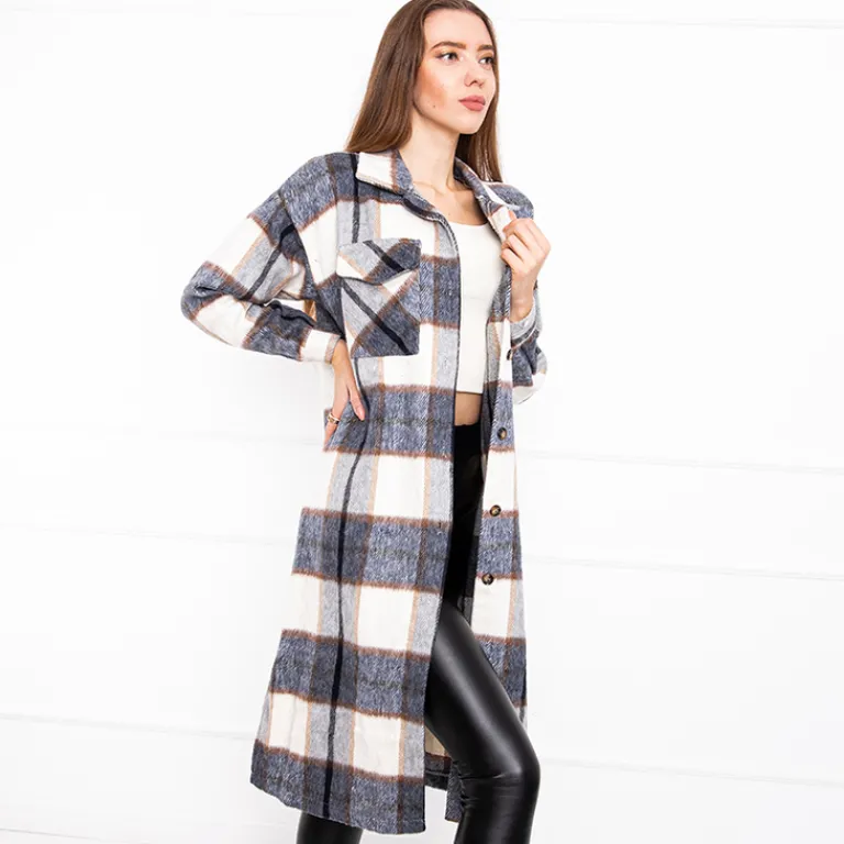 Granatowa długa koszula damska w kratę Bluzki / Koszule / Koszulki