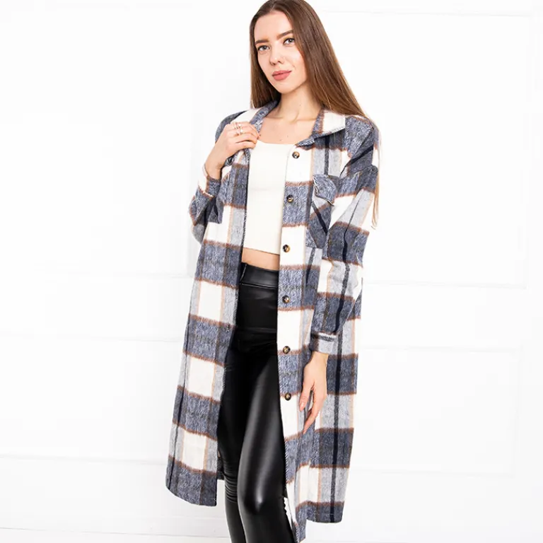 Granatowa długa koszula damska w kratę Bluzki / Koszule / Koszulki