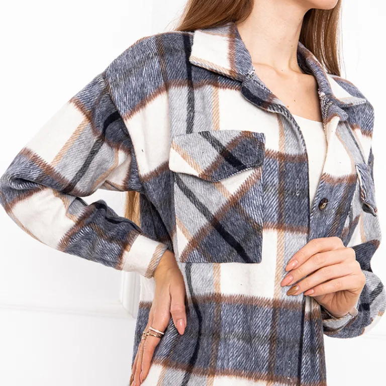 Granatowa długa koszula damska w kratę Bluzki / Koszule / Koszulki