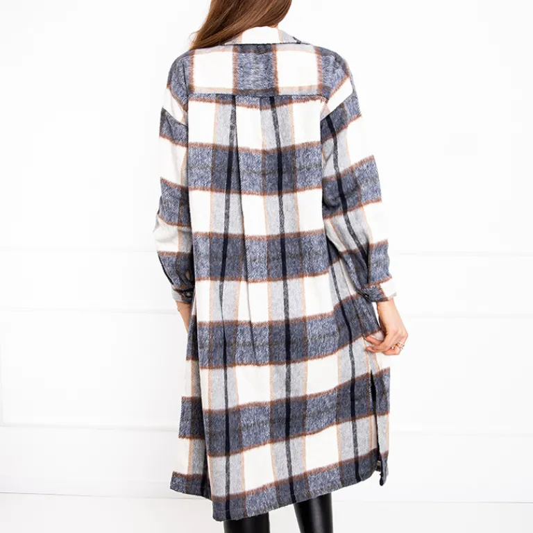 Granatowa długa koszula damska w kratę Bluzki / Koszule / Koszulki