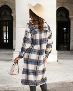 Granatowa długa koszula damska w kratę Bluzki / Koszule / Koszulki