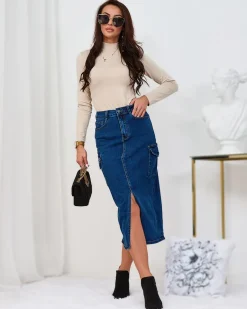 Sale Granatowa jeansowa damska spódnica z guzikami Spódnice