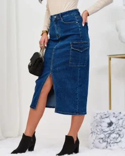 Sale Granatowa jeansowa damska spódnica z guzikami Spódnice