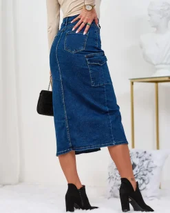 Sale Granatowa jeansowa damska spódnica z guzikami Spódnice