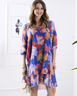 Sale Granatowa sukienka damska z printem i falbanką Sukienki Krótkie