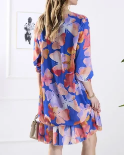 Sale Granatowa sukienka damska z printem i falbanką Sukienki Krótkie