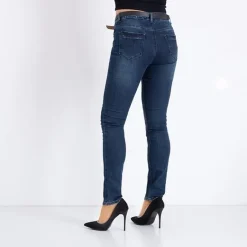 Best Granatowe damskie spodnie jeansowe z paskiem Jeansy