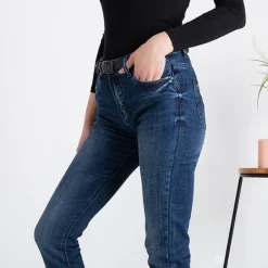 Best Granatowe damskie spodnie jeansowe z paskiem Jeansy