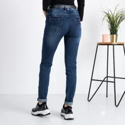 Best Granatowe damskie spodnie jeansowe z paskiem Jeansy