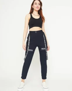 Sale Granatowe damskie materiałowe spodnie typu bojówki z szelkami Spodnie Cargo|Spodnie Dresowe