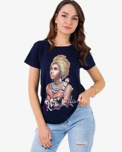 Online damski t-shirt z kolorowym printem i cekinami Bluzki / Koszule / Koszulki