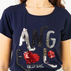 Outlet damski t-shirt z napisem z cekinów Bluzki / Koszule / Koszulki