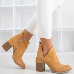 Best Jasnobrązowe damskie botki na słupku z wycięciami Cintura Botki Bez Ocieplenia|Botki Na Słupku