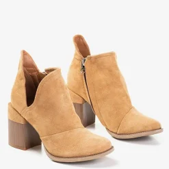 Best Jasnobrązowe damskie botki na słupku z wycięciami Cintura Botki Bez Ocieplenia|Botki Na Słupku