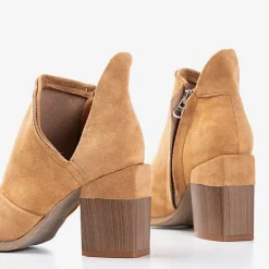 Best Jasnobrązowe damskie botki na słupku z wycięciami Cintura Botki Bez Ocieplenia|Botki Na Słupku