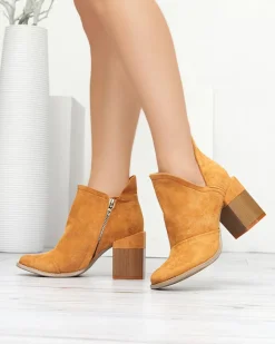 Best Jasnobrązowe damskie botki na słupku z wycięciami Cintura Botki Bez Ocieplenia|Botki Na Słupku