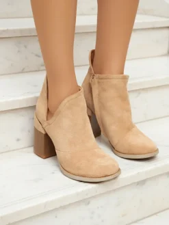 New Jasnobrązowe damskie botki z wycięciami Plinara Botki Bez Ocieplenia|Botki Na Słupku