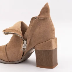 New Jasnobrązowe damskie botki z wycięciami Plinara Botki Bez Ocieplenia|Botki Na Słupku