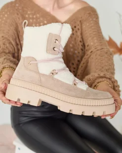 Online Jasnobrązowe botki damskie typu trapery z kożuszkiem Getatsa Trapery|Botki Z Delikatnym Ociepleniem