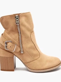 Sale Jasnobrązowe eko zamszowe damskie botki na słupku Emrica Botki Bez Ocieplenia|Botki Na Słupku