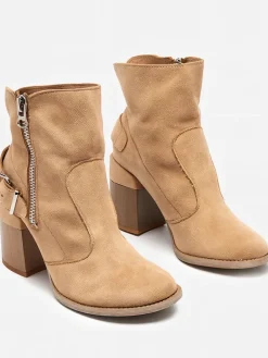 Sale Jasnobrązowe eko zamszowe damskie botki na słupku Emrica Botki Bez Ocieplenia|Botki Na Słupku