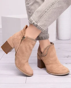 Clearance Jasnobrązowe damskie ocieplane botki na słupku Mukis Botki Bez Ocieplenia|Botki Na Słupku