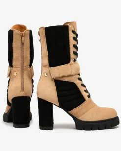 Outlet Jasnobrązowe damskie ocieplane botki na słupku Sehhra Botki Z Delikatnym Ociepleniem|Botki Sznurowane