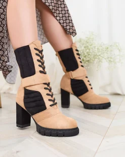 Outlet Jasnobrązowe damskie ocieplane botki na słupku Sehhra Botki Z Delikatnym Ociepleniem|Botki Sznurowane