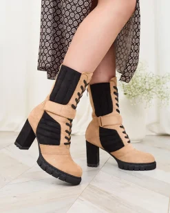 Outlet Jasnobrązowe damskie ocieplane botki na słupku Sehhra Botki Z Delikatnym Ociepleniem|Botki Sznurowane