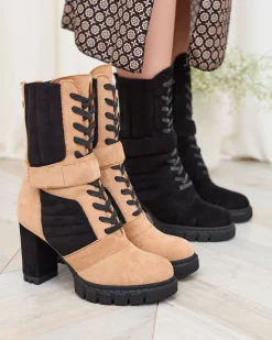 Outlet Jasnobrązowe damskie ocieplane botki na słupku Sehhra Botki Z Delikatnym Ociepleniem|Botki Sznurowane