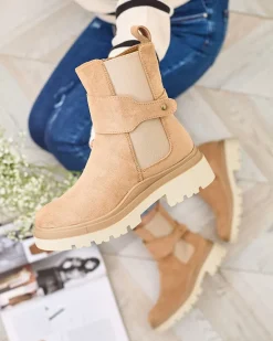 New Jasnobrązowe damskie botki z ozdobnym paskiem Doasa Botki Z Delikatnym Ociepleniem|Botki Na Płaskim Obcasie