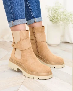 New Jasnobrązowe damskie botki z ozdobnym paskiem Doasa Botki Z Delikatnym Ociepleniem|Botki Na Płaskim Obcasie