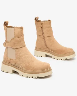 New Jasnobrązowe damskie botki z ozdobnym paskiem Doasa Botki Z Delikatnym Ociepleniem|Botki Na Płaskim Obcasie