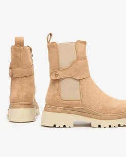 New Jasnobrązowe damskie botki z ozdobnym paskiem Doasa Botki Z Delikatnym Ociepleniem|Botki Na Płaskim Obcasie