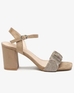 Jasnobrązowe damskie sandałki na słupku z cyrkoniami Triesta Buty Na Wielkie Wyjście|Sandały Na Słupku